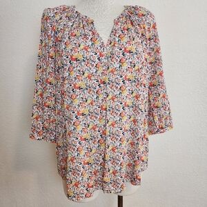 Soiree V -Neck Red & Yellow Quarter Balloon Sleeve Round Hem Women's Top Size XL